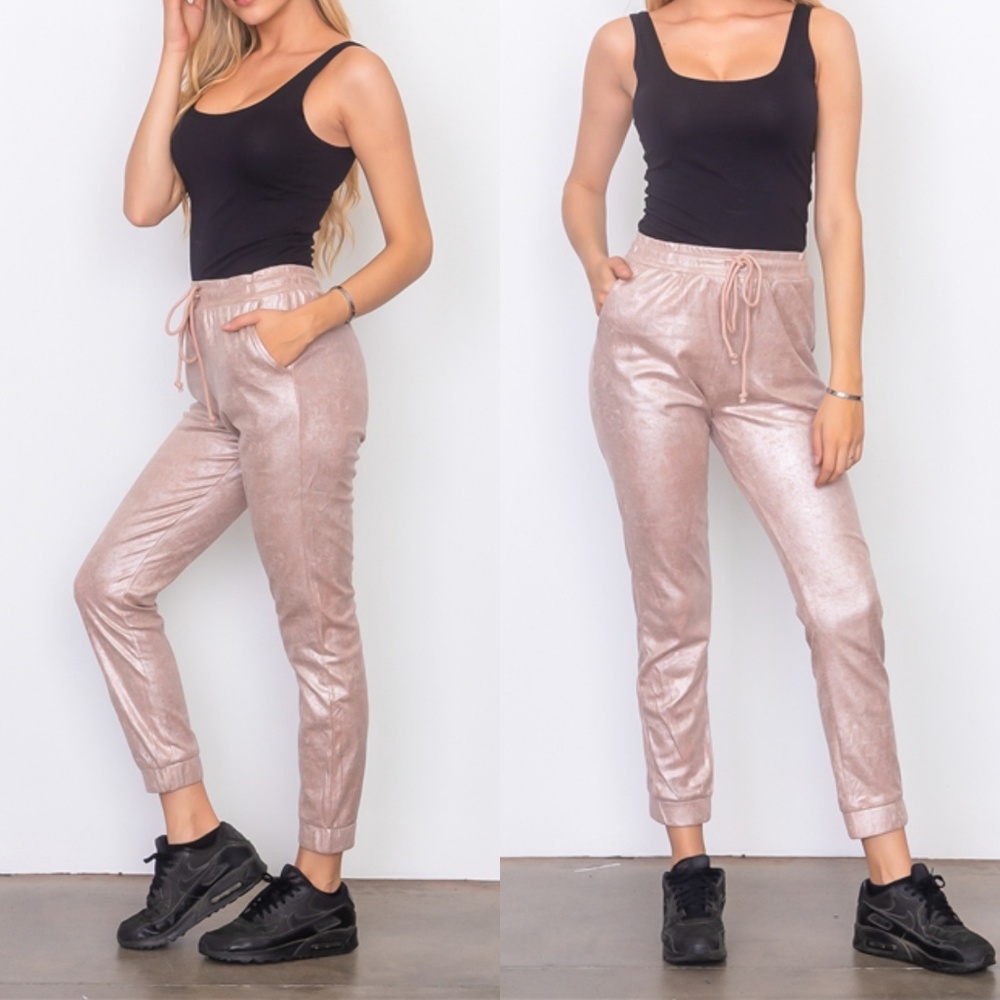 METALLIC BLUSH PINK SUEDE DRAWSTRING JOGGERS - Picture 1 of 8